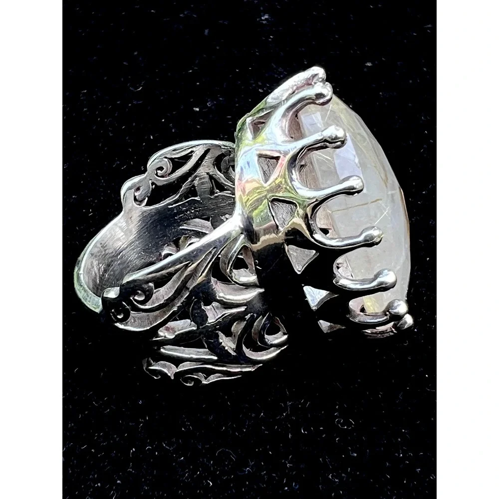 925 Sterling Silver Rutilated Quartz Vintage Filigree Crown Statement Ring